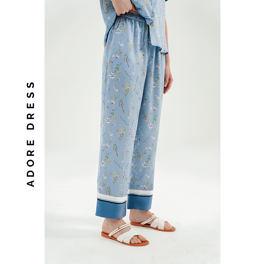 Pijamas tay cộc quần dài lụa blue in hoa phối gấu quần 313HO1002 ADORE DRESS