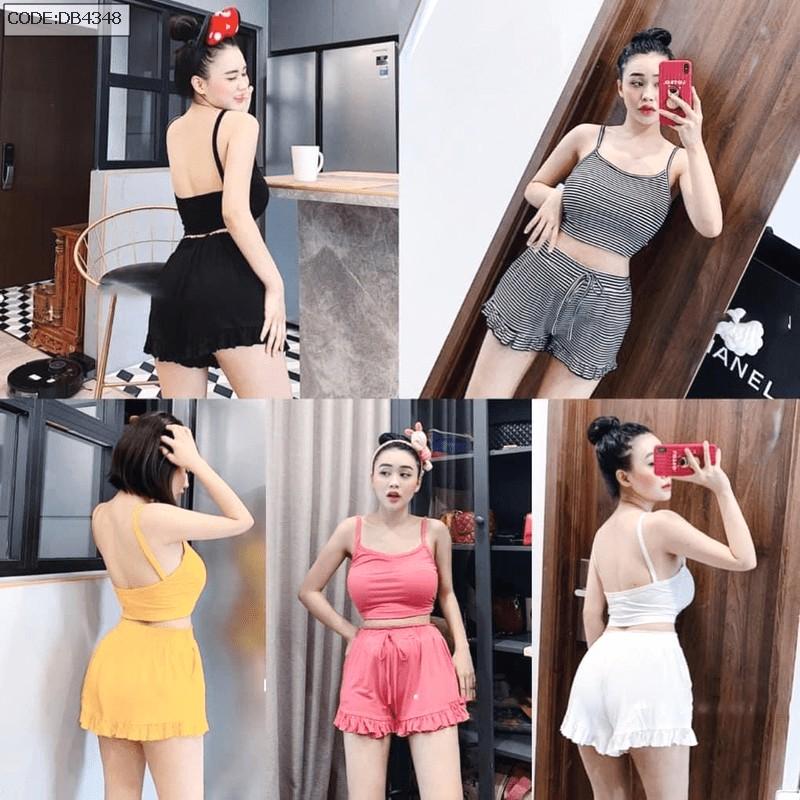 Đồ bộ nữ, đồ ngủ 2 dây sexy đùi thun co giãn quần bèo dễ thương