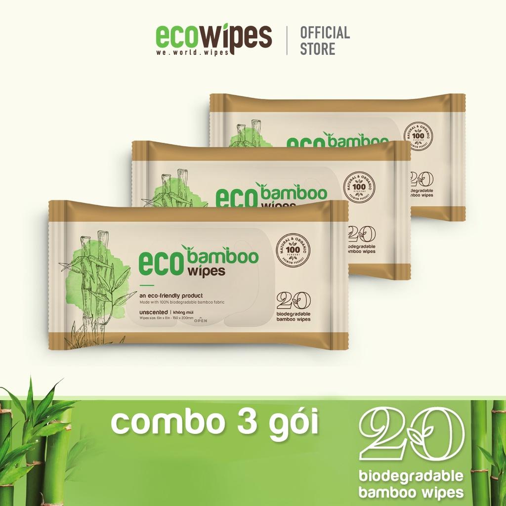 Combo 03 gói khăn giấy ướt cao cấp EcoWipes Bamboo gói 20 tờ vải sợi tre sinh thái không mùi có thể phân hủy