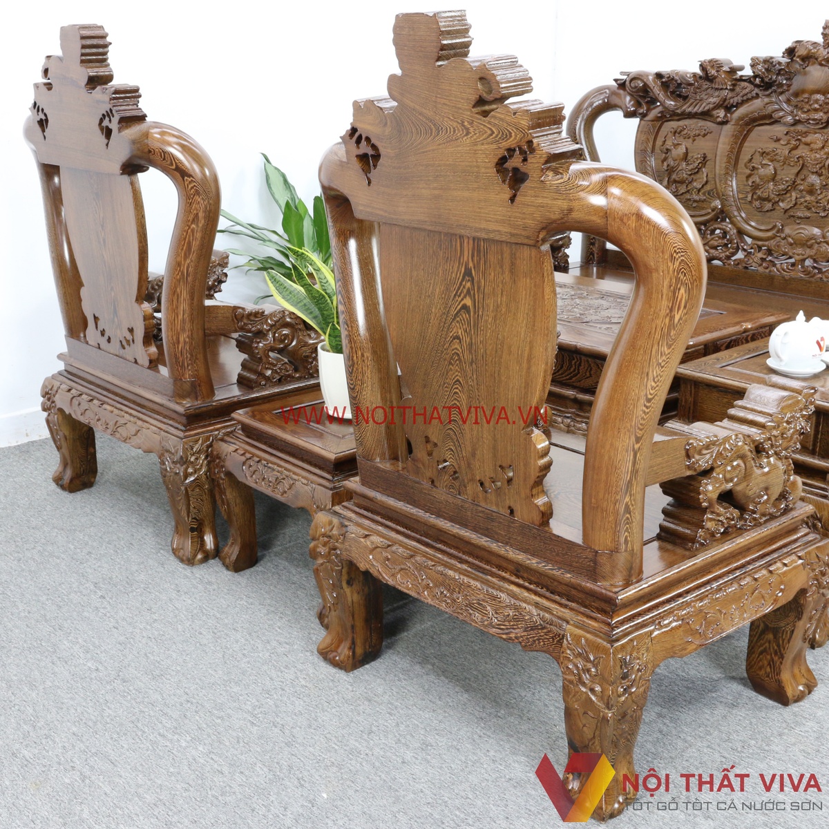 Bộ Bàn Ghế Salon Gỗ Mun Tay 10 Chạm Nghê 6 Món Cao Cấp Sang Trọng