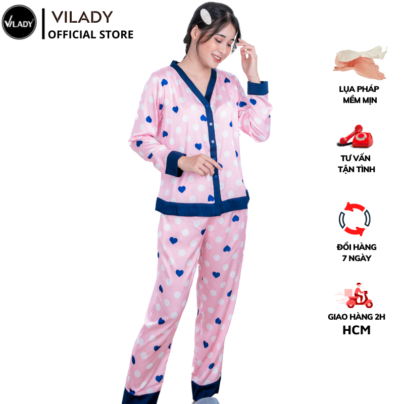 Đồ bộ pyjama nữ, đồ mặc nhà cao cấp VILADY - B103 kiểu cổ V tay dài quần dài họa tiết chấm Bi màu hồng, chất liệu lụa Pháp siêu mát