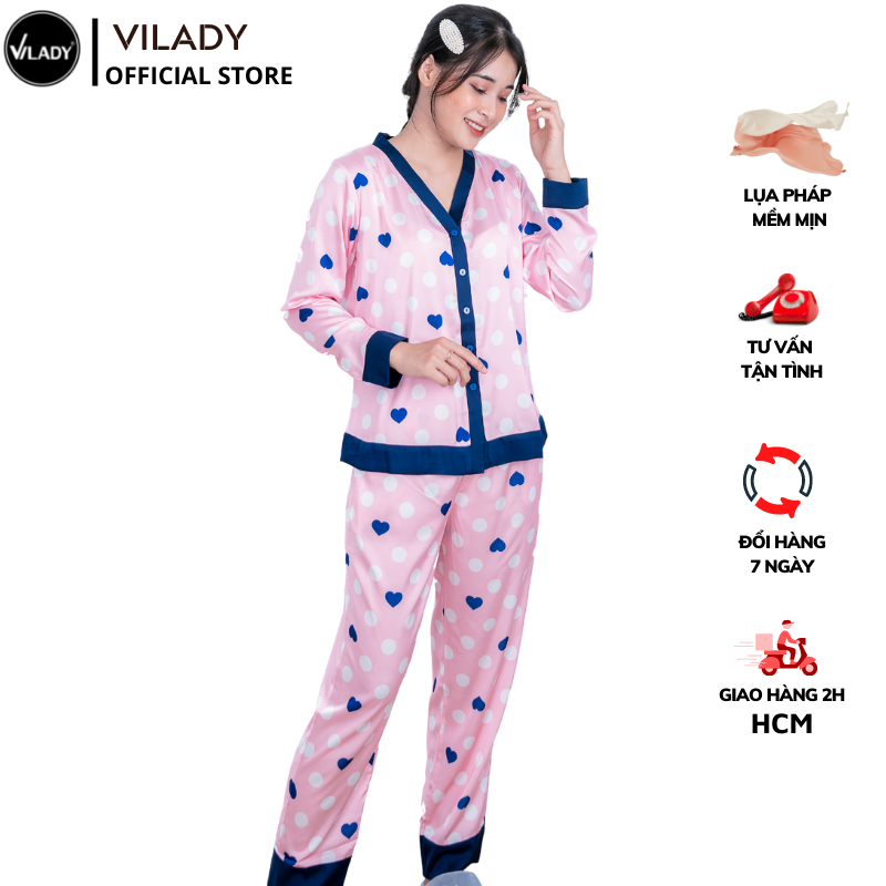 Đồ bộ pyjama nữ, đồ mặc nhà cao cấp VILADY - B103 kiểu cổ V tay dài quần dài họa tiết chấm Bi màu hồng, chất liệu lụa Pháp ( lụa latin) siêu mát