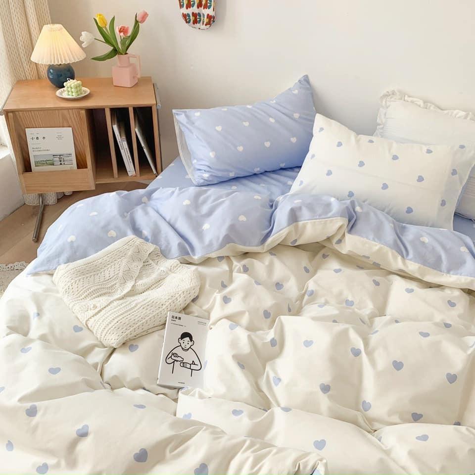 Bộ Chăn Ga Gối Cotton Poly Tim Trắng Phối Xanh