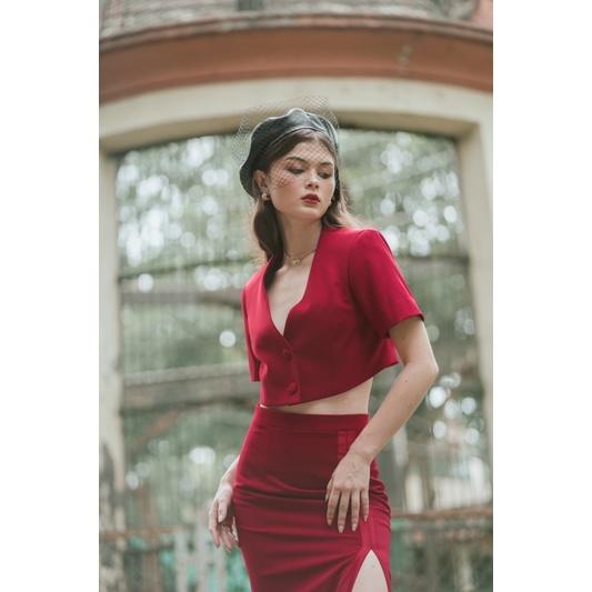 OLALSTUDIO Set áo vest tay ngắn croptop cùng váy midi xẻ tà