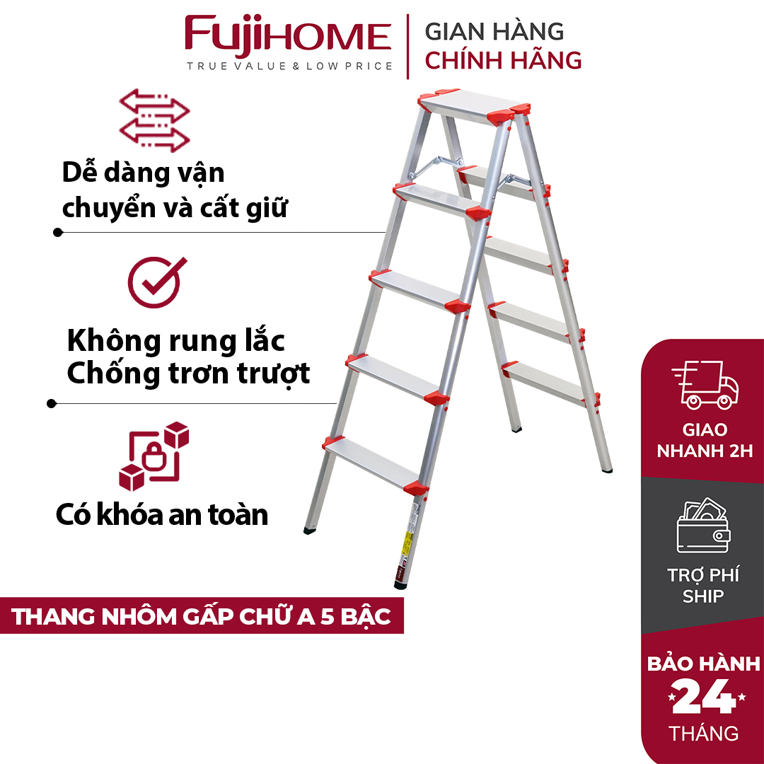 Thang nhôm gấp chữ A 5 bậc cao 1,23 mét FUJIHOME DL205, thang ghế nhôm xếp gọn gia đình