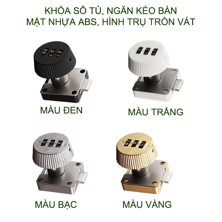 Khóa số tủ, ngăn kéo bàn mặt trụ tròn vát ABS20V với 3 mã số có thể thay đổi được, phù hợp gỗ dày 14-18mm