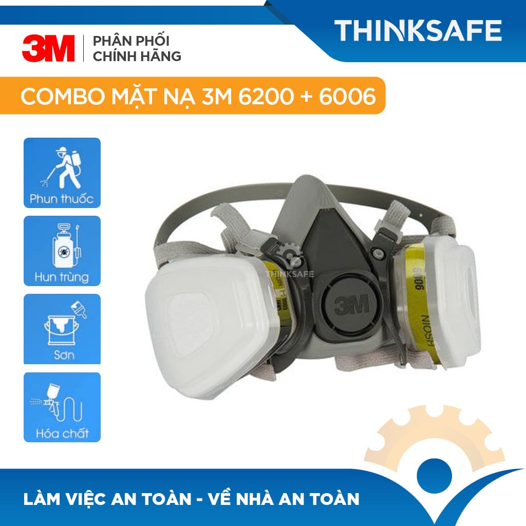 Mặt nạ phòng độc 3M 6200 bộ 7 món sử dụng phin 3M 6006 - mặt nạ phòng dịch, chống bụi, chống độc phun sơn hàn xì - lọc hơi vô cơ, hữu cơ- Axit