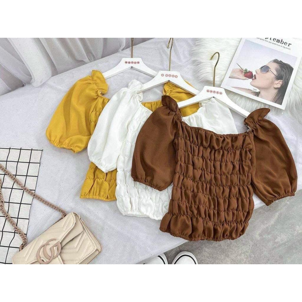 Áo croptop nữ kiểu ôm tay ngắn cổ vuông nhún ngực voan body tay bồng HIJUNE CT02