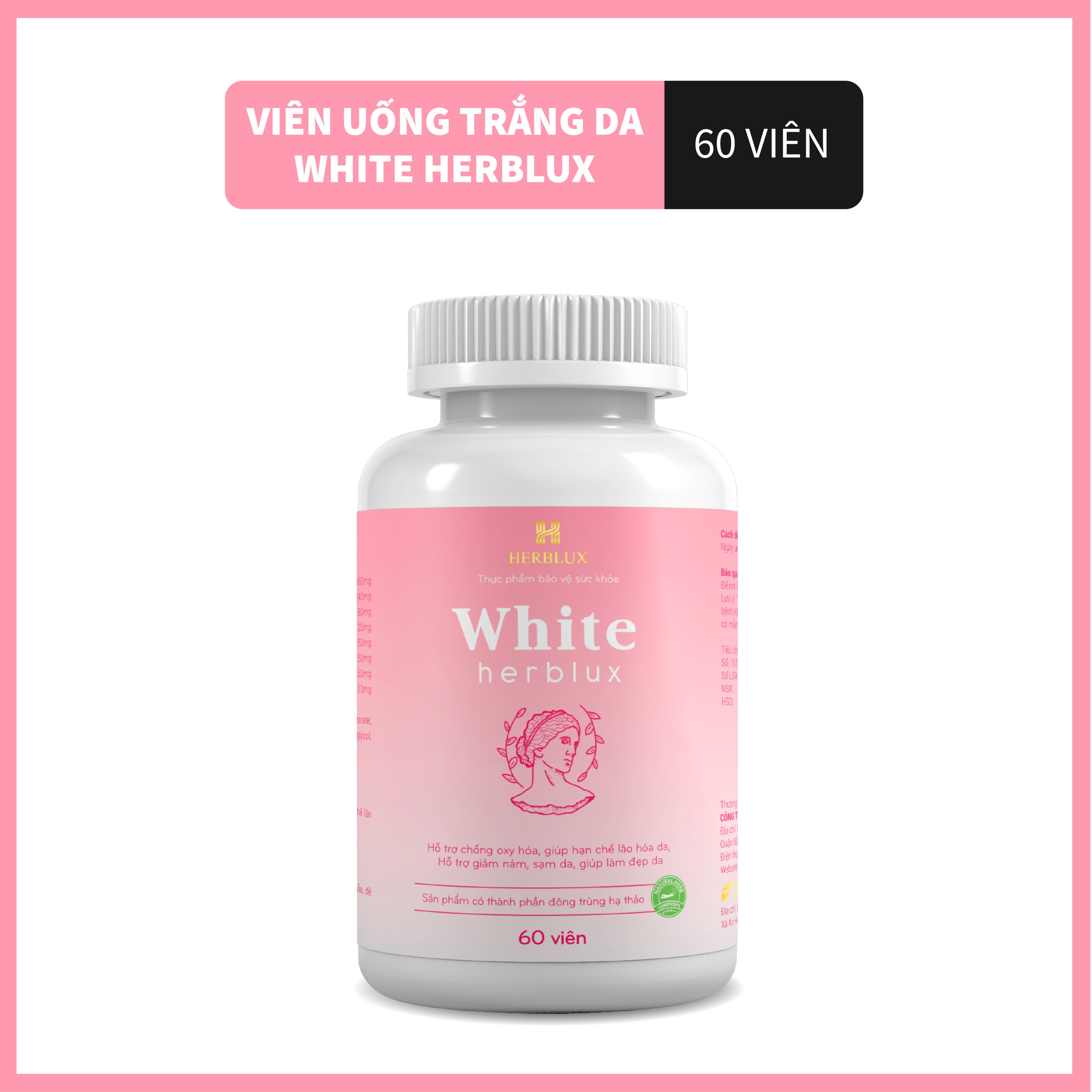 Viên Uống Trắng Da WHITE HERBLUX Chống Lão Hóa Dưỡng Cấp Ẩm Da Mặt Body Căng Bóng Giảm Thâm Nám Tàn Nhang Mụn Bổ Sung Collagen Đông Trùng Hạ Thảo Tăng Nội Tiết Tố Nữ