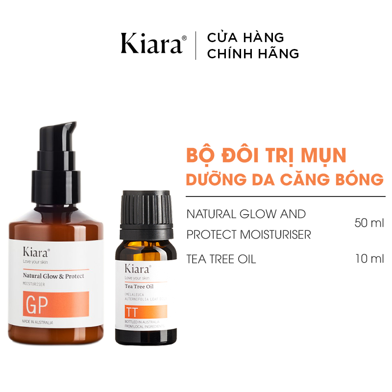 Bộ đôi Chấm mụn Tea Tree Oil 10ml và Kem dưỡng ẩm phục hồi da Kiara Natural Glow & Protect 50ml