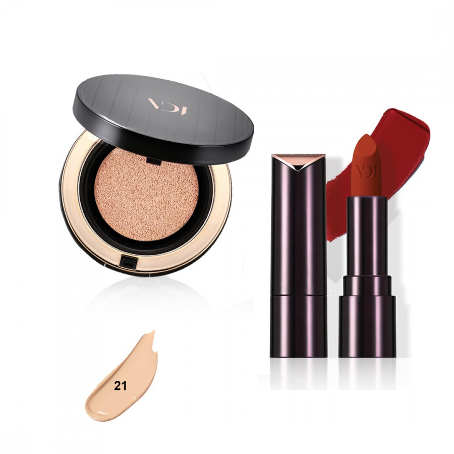 Bộ trang điểm VDIVOV son lì Lip Cut Rouge Velvet OR203 APGUJEONG ORANGE 3.8g, phấn nước Double Stay Cushion 23N Deep Ivory (tặng lõi) 30g