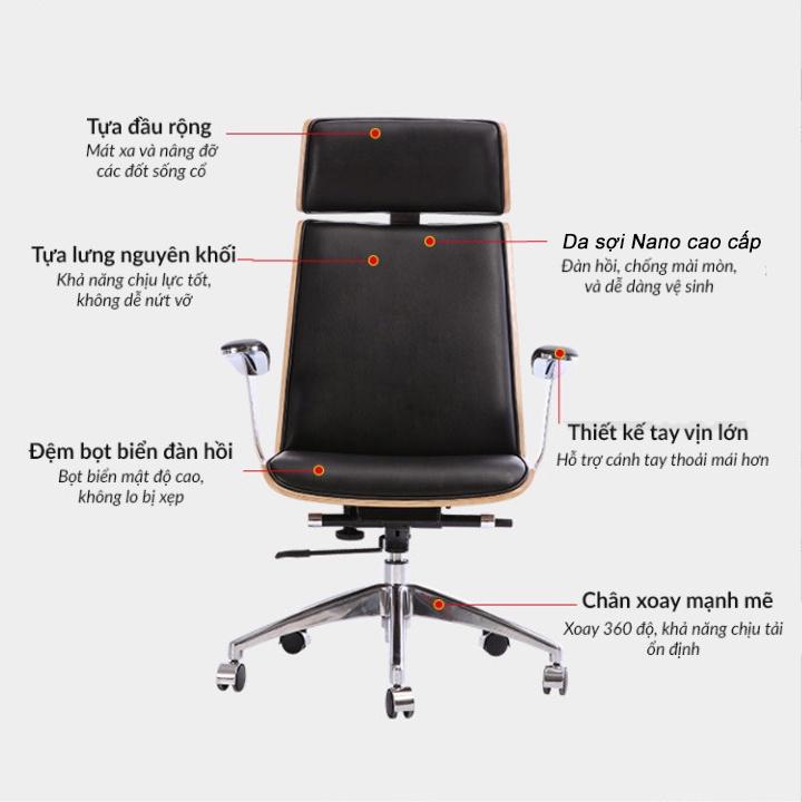 Ghế xoay văn phòng bọc da bò lưng ốp gỗ óc cho cao cấp, ghế giám đốc HP064 chân xoay ngã lưng sâu