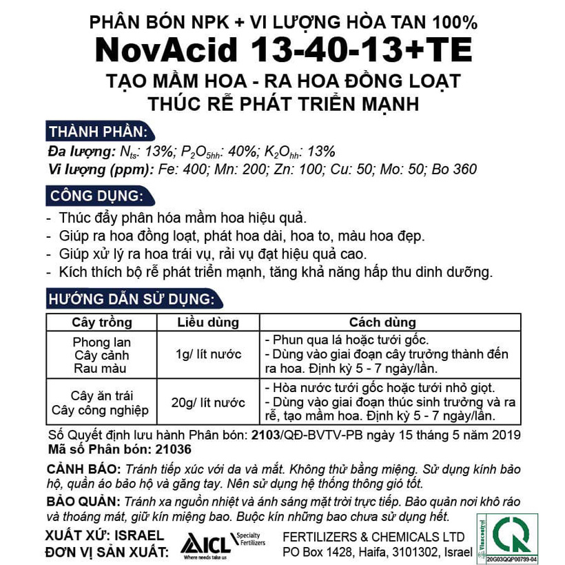 Phân bón hòa tan Isarel 13-40-13+Te không bị lắng cặn trong nước dùng qua hệ thống tưới nhỏ giọt hay tưới phun sương giúp xử lý ra hoa đồng loạt, kích thích ra hoa cho cây