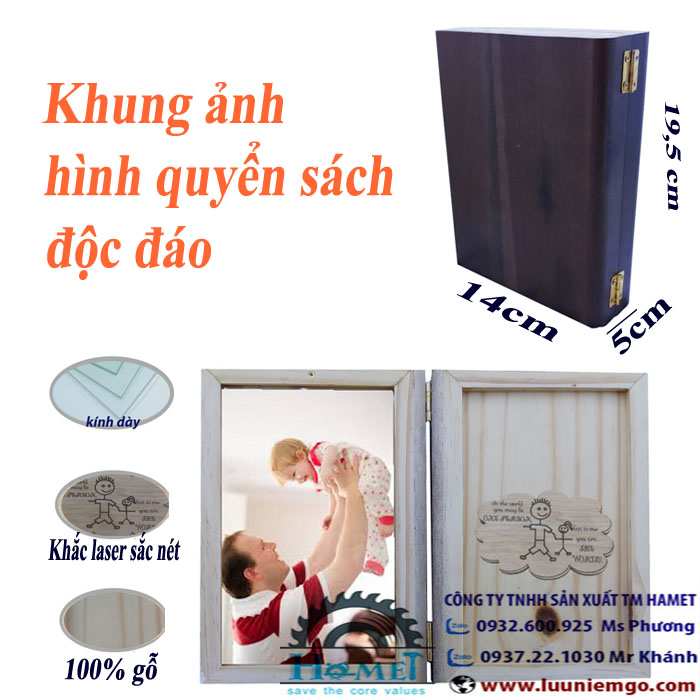 KHUNG ẢNH HÌNH QUYỂN SÁCH - KHUNG ẢNH GỖ XINH XẮN - TẶNG KÈM MÔ HÌNH GỖ