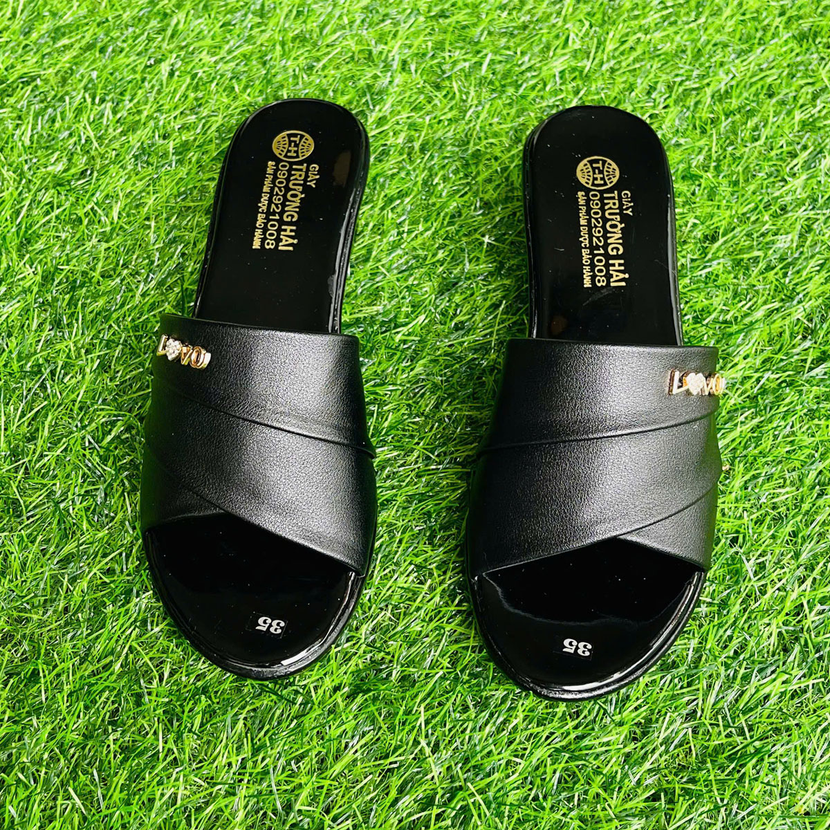 Dép nữ cao gót 3cm da mềm Trường Hải 2 màu den, kem đế PU nhẹ DN125