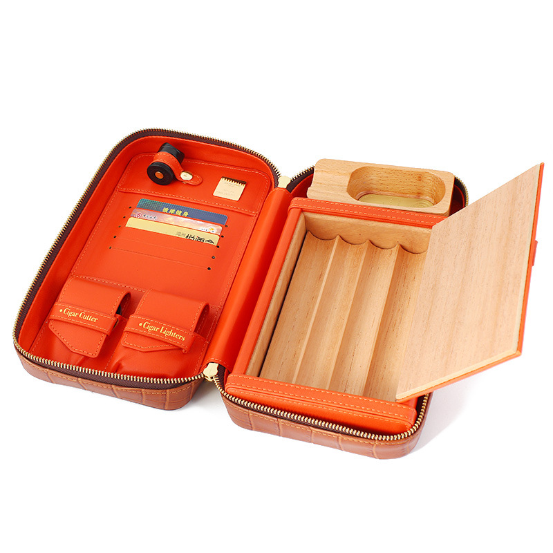 Bộ Set Bao Da Và Phụ Kiện Xì Gà JF-502 Bao Gôm Hộp Đựng, Hột Quẹt Bật Lửa, Cắt, Gạt Tàn, Kệ Kê Cigar Bằng Gỗ Tuyết Tùng Cao Cấp