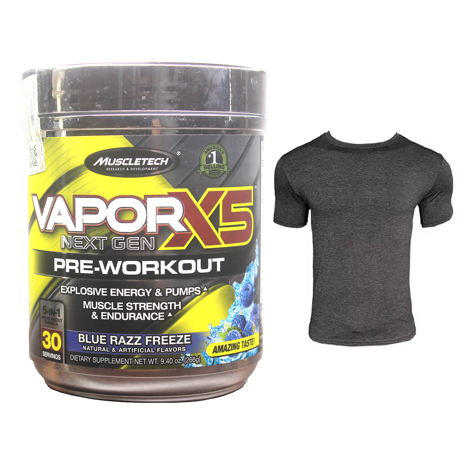 Combo Pre Workout Vapor X5 của MuscleTech hương Blue Razz Freeze hộp 30 lần dùng hỗ trợ Tăng Sức Bền, Sức Mạnh & Áo thun thể thao (size L 68-80kg)