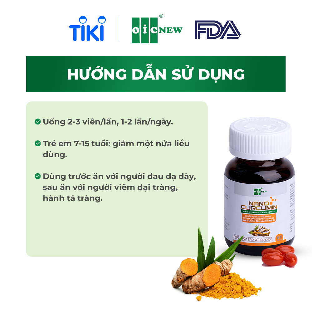 Viên Uống Nano Curcumin OIC New Tinh Chất Nghệ Giảm Đau Dạ Dày, Hành Tá Tràng Lọ 30 Viên