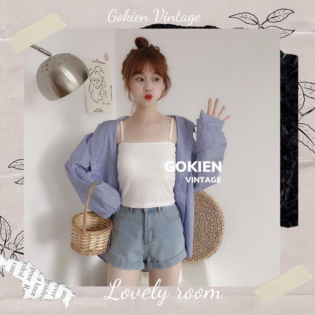 Áo hai dây ôm sát vải cotton mịn co giãn dây có chốt điều chỉnh, GOKIEN VINTAGE