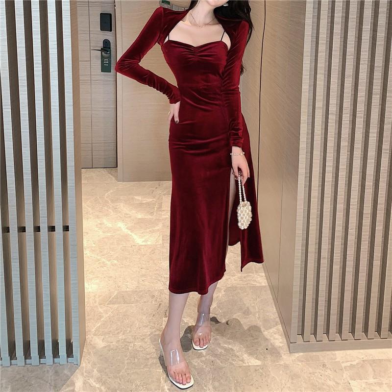 Hình ảnh (s5000) set ulzzang siêu xinh váy nhung xẻ tà và áo khoác body S M L