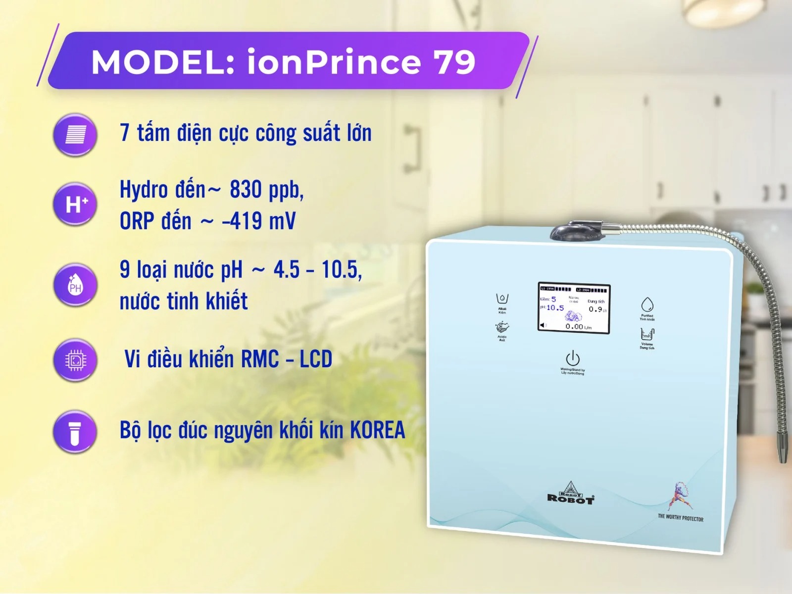 Máy Lọc Nước Điện Giải Thông Minh Ion Kiềm ROBOT IonPrince 79 Tạo 9 Loại Nước Điện Giải Để Bàn Treo Tường
