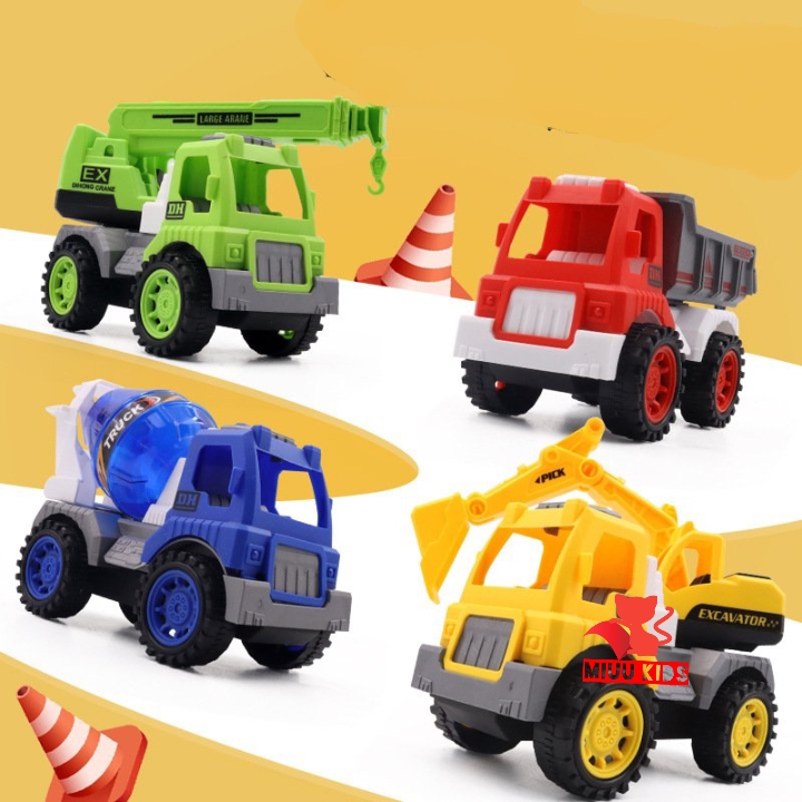 Bộ 4 xe công trình 4 màu Xe mô hình cho các bé, nhựa ABS cao cấp, an toàn, chống chịu va đập chạy bánh đà.