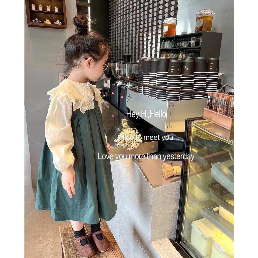 Bộ yếm cho bé gái phối sơ mi dáng babydoll rộng tone màu Hàn Quốc size 12-30kg hàng Quảng Châu