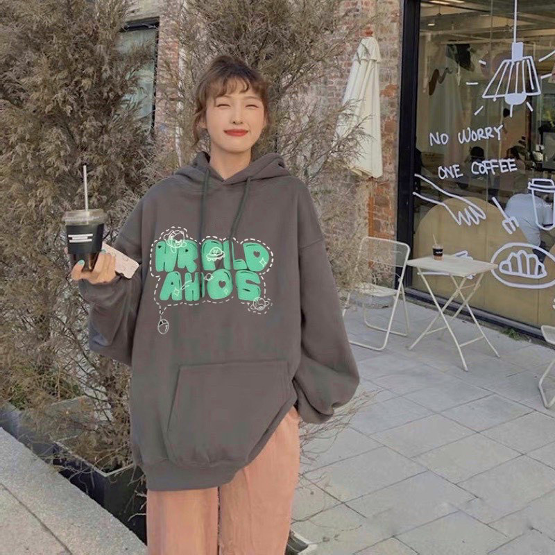 Áo nỉ có mũ HTSTORE mũ 2 lớp to rộng dày ấm Áo Hoodie Nữ In Chữ Nổi HRPLD Form Rộng Tay Phồng, Áo Hoodie Nữ In Chữ Nổi HRPLD Form Rộng Tay Phồng