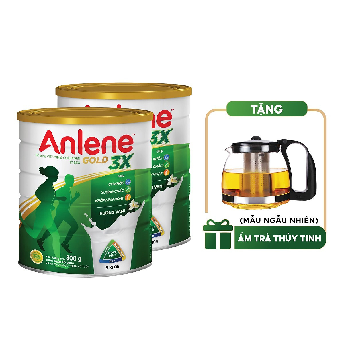 Combo 2 Sữa Bột Anlene Gold 3X Hương Vanilla (Hộp thiếc 800g) - Tặng ấm trà (mẫu ngẫu nhiên)