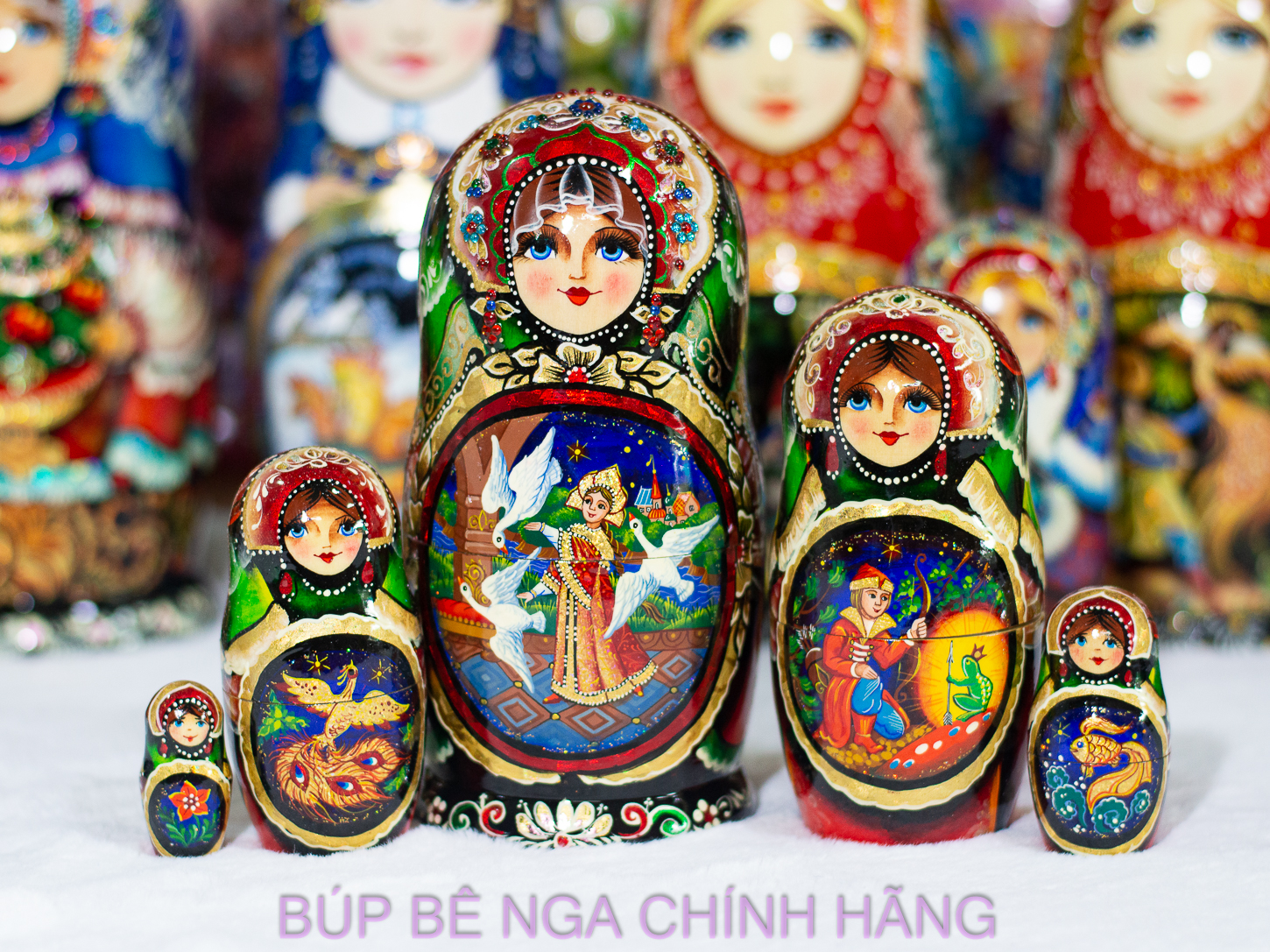 BỘ BÚP BÊ NGA MATRYOSHKA CAO CẤP 5 LỚP 15CM HOA VĂN "CÔNG CHÚA VÀ BẦY THIÊN NGA" RẤT ĐẸP VÀ SANG TRỌNG