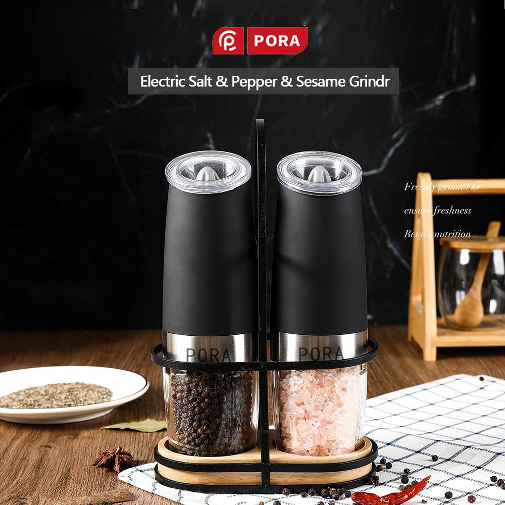 2 Chiếc Đen Điện Cối Xay Tiêu Có Giá Đỡ Muối Và Tiêu Bộ Máy Mài Thép Không Gỉ Trọng Lực Tự Động Cối Xay Gia Vị Nhà Bếp