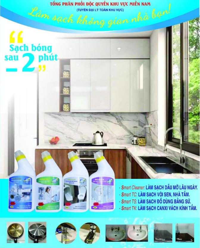 Bộ sản phẩm tẩy rửa gia đình thông minh Smart (300ml) : Smart TC (tẩy inox) - Smart TK (tẩy kính) -  Smart TS (tẩy sứ) - Smart Cleaner (tẩy dầu mỡ) .Hàng chính hãng phân phối độc quyền tại khu vực miền nam