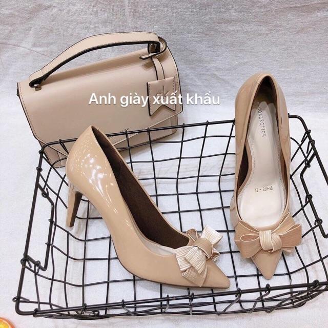 CG53 - Giày cao gót da bóng mũi nhọn nơ ấu 7f VNXK