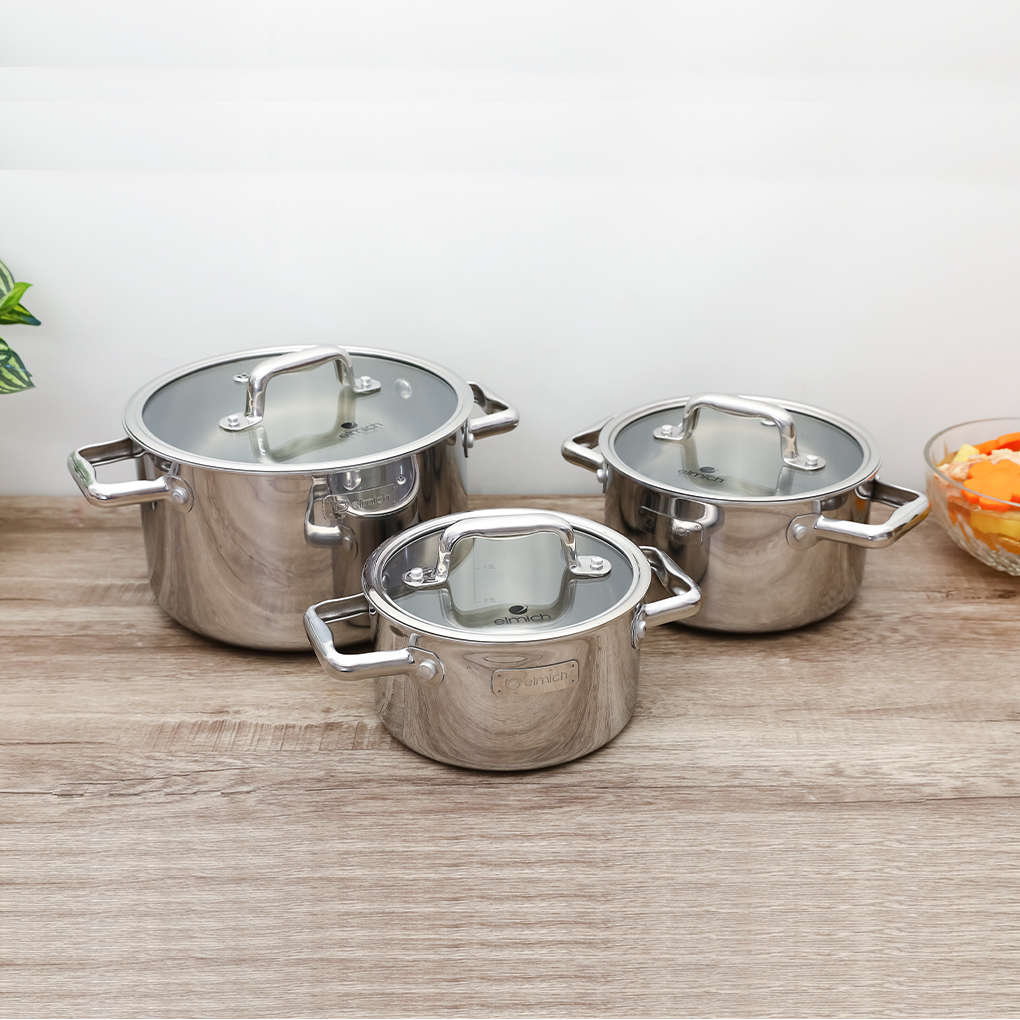 Bộ nồi inox liền khối Elmich Trimax ECO EL-8001 size 18, 20, 26cm - Tiêu chuẩn Châu Âu - Sử dụng cho mọi loại bếp