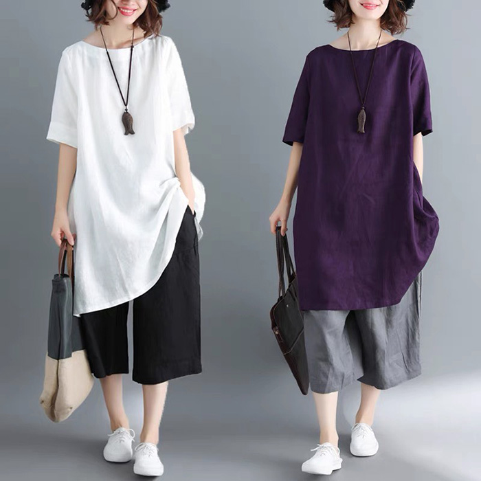 Đầm suông cổ tròn tay lỡ basic Linen bột Premium 3 màu lựa chọn (Cam, tím huế, Trắng)