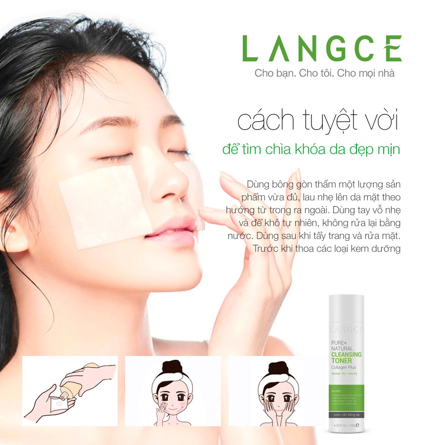 Toner - Nước Cân Bằng Da Collagen+ Tự Nhiên 120ml Da Khô - Tem Xanh TẶNG Kem Làm Rụng Lông Trắng Da 20ml LANGCE