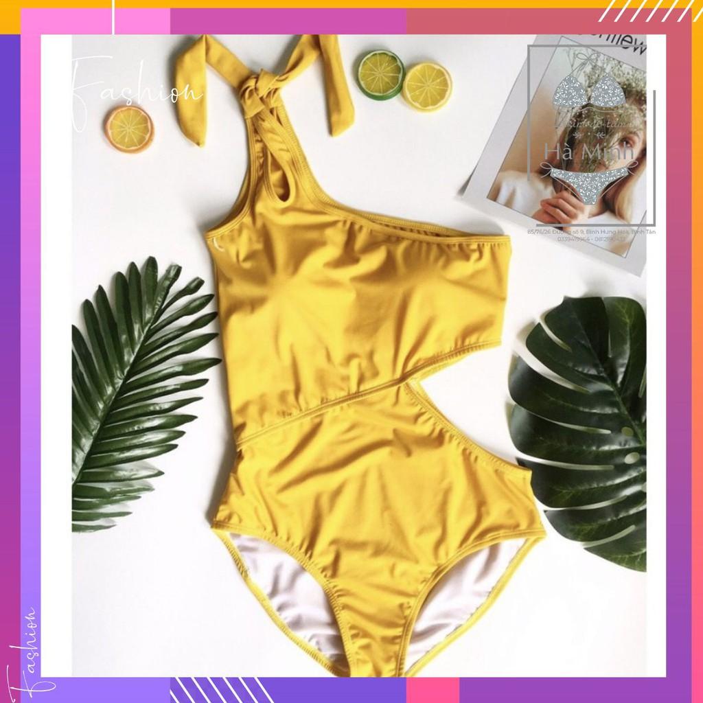 Bikini liền thân lệch vai khoét eo sexy - Vàng sang chảnh