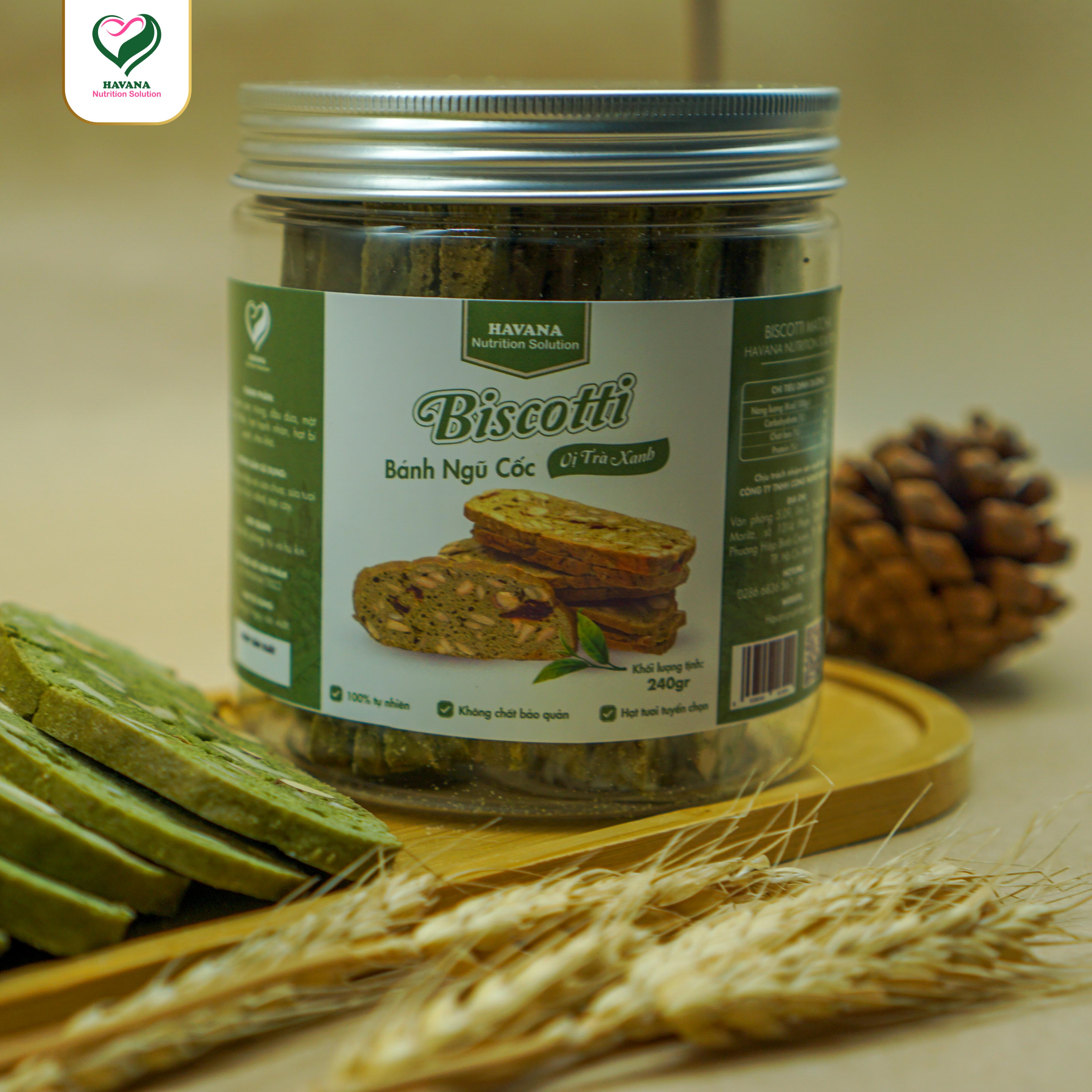 Bánh ăn kiêng HAVANA- bánh biscotti vị trà xanh nguyên cám không đường- hũ 240g