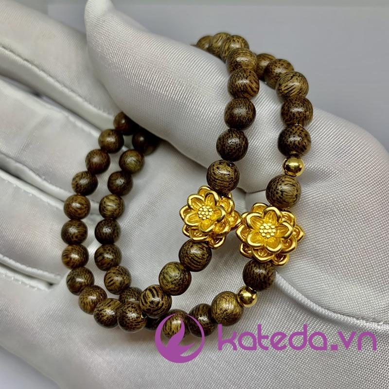 Vòng trầm tốc mix charm sen bạc S999 mạ vàng