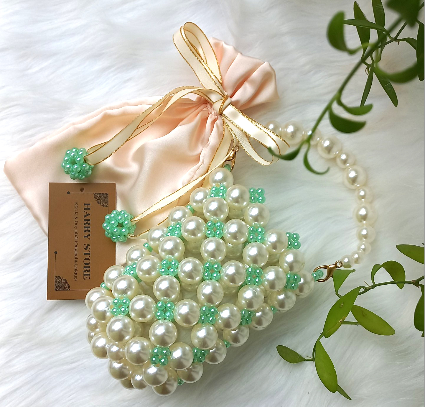 Túi đan handmade hạt ngọc trai HRRB1-XN có dây đeo chéo dài 110cm, quyến rũ sành điệu phong cách hiện đại
