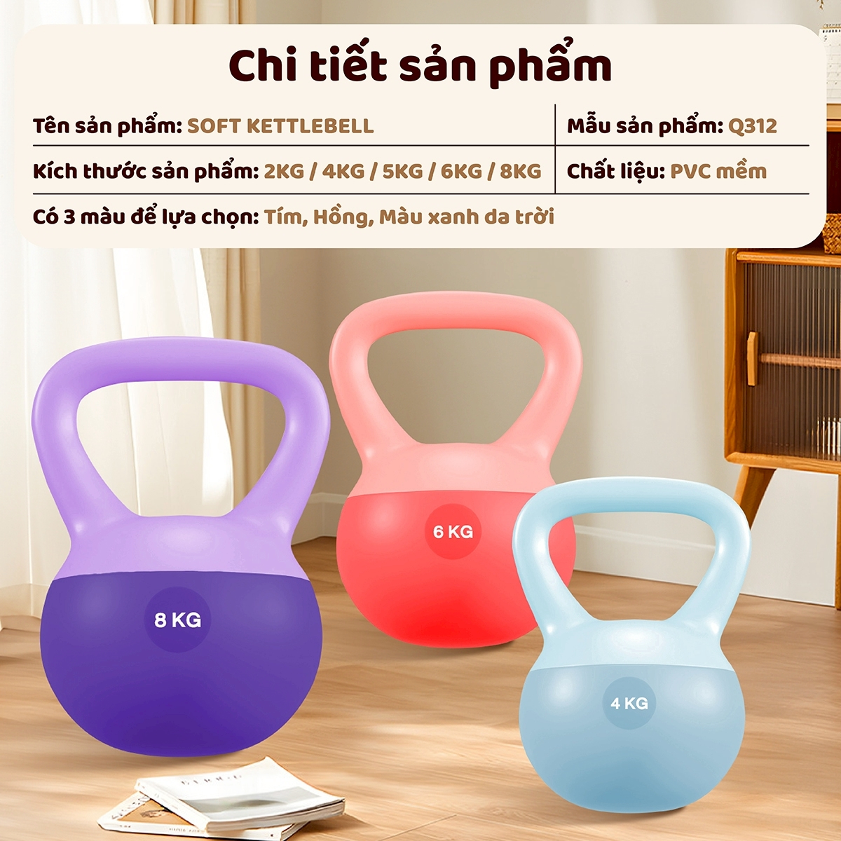 BG Tạ Bình Q312 Cao Su Mềm, chuông Ấm, Tạ Ấm 2kg, 4kg, 5kg, 6kg, 8kg