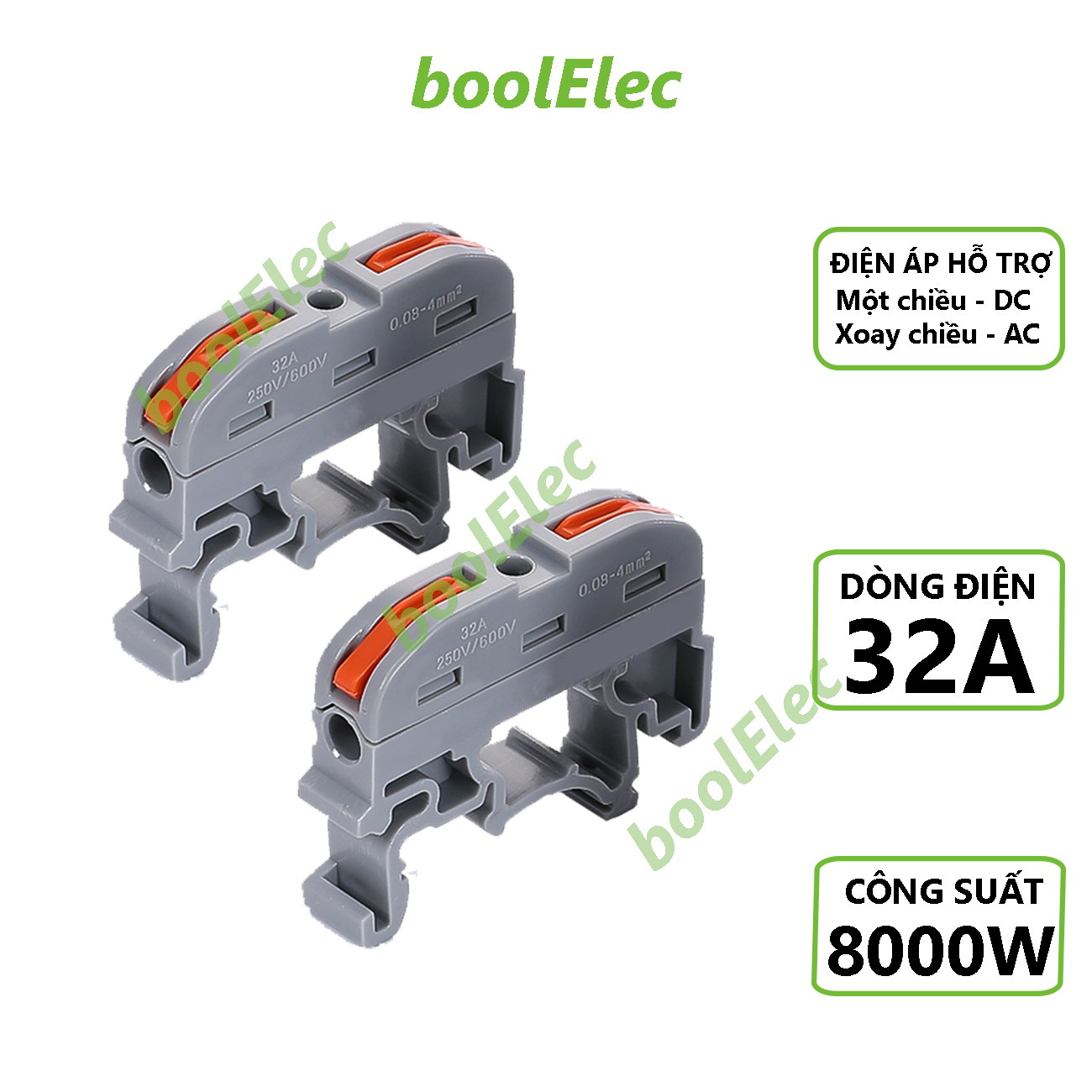 Bộ 2 cút nối dây điện nhanh đầu nối dây điện chịu tải 8000W sử dụng cơ cấu then cài din rail 35mm