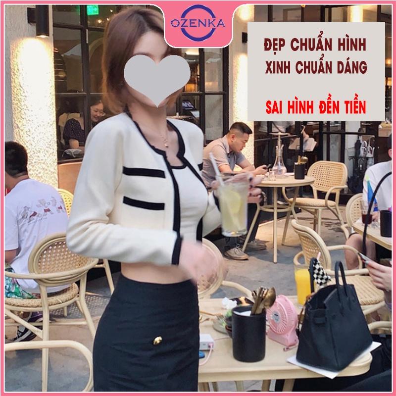 Hình ảnh Áo khoác cardigan len croptop tay dài nữ có túi OZENKA chất len gân cotton 100% cao cấp đẹp màu đen trắng