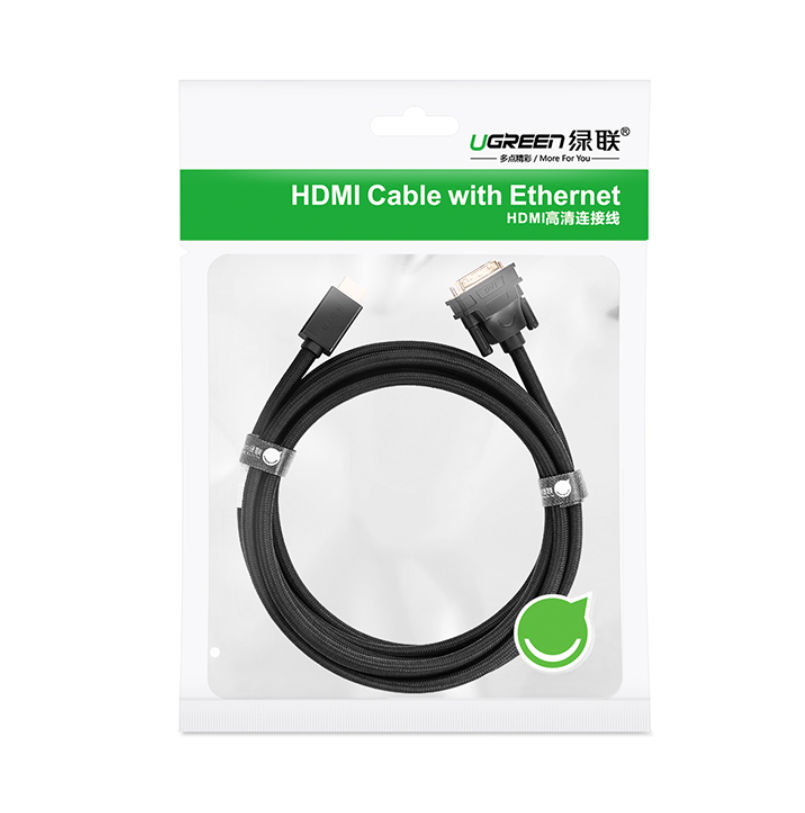 Cáp chuyển đổi tín hiệu từ cổng DVI 24+1 sang HDMI và ngược lại từ HDMI sang DVI 24+1 vỏ bện nylon, kết nối các thiết bị như máy tính, laptop, PS3/4, TV Box, tivi... dài 2m UGREEN  HD133 50348 - Hàng Chính Hãng