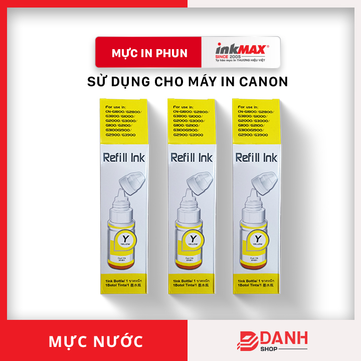 (1 màu) Mực nước Canon - inkMAX - BK: 135ml; C/Y/M: 70ml- Mực nước dùng cho các dòng máy in phun Canon: G1800 / 2800 / 3800 / 1000 / 2000 / 3000 / 1100 / 2100 / 3100 / 1900 / 2900 / 3900