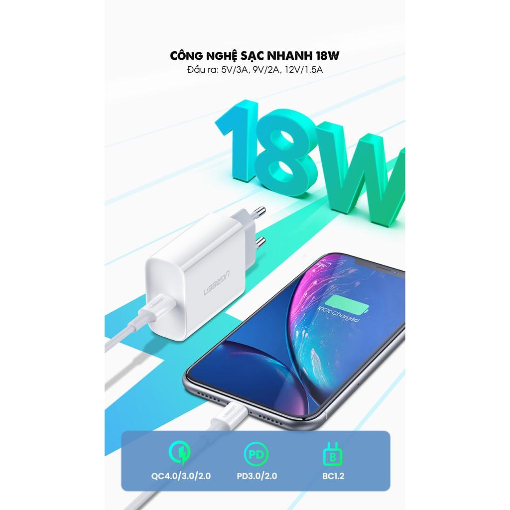 Sạc nhanh  UGREEN CD137 60450 1 cổng USB Type C hỗ trợ PD QC 4.0 3.0 tối đa 18W cho iPhone 12 / Samsung / Xiaomi- Hàng chính hãng