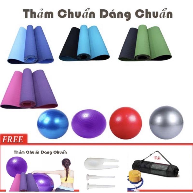 Combo thảm tập yoga TPE 6mm 2 lớp + bóng tập yoga 65cm cao cấp (Tặng túi đựng thảm và bơm bóng