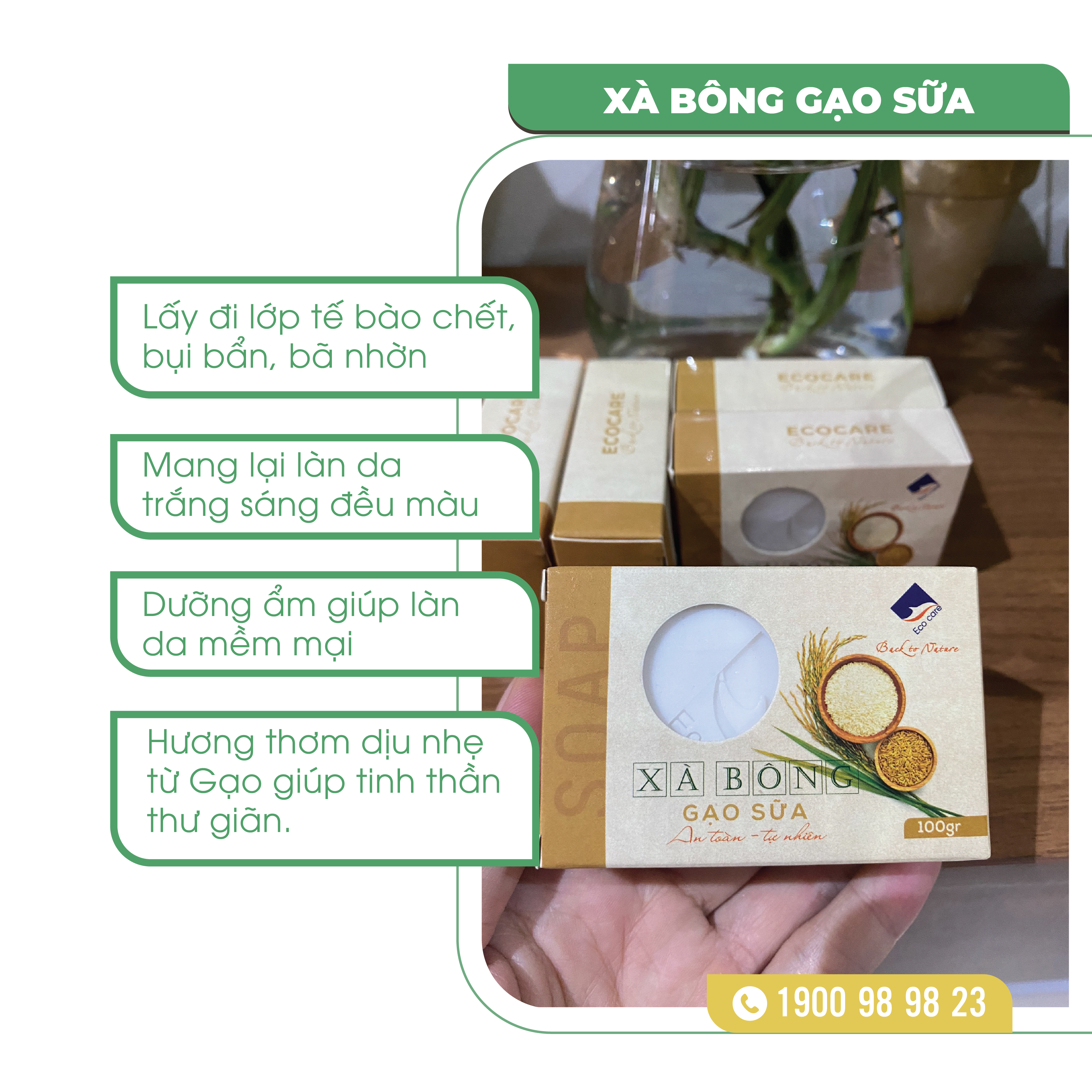 Xà bông Gạo sữa Hưu Cơ (chuẩn Organic), Xà phòng Sữa gạo Ecocare 100gr- Giúp Sáng Da, Tẩy Da Chết, Ngừa Thâm