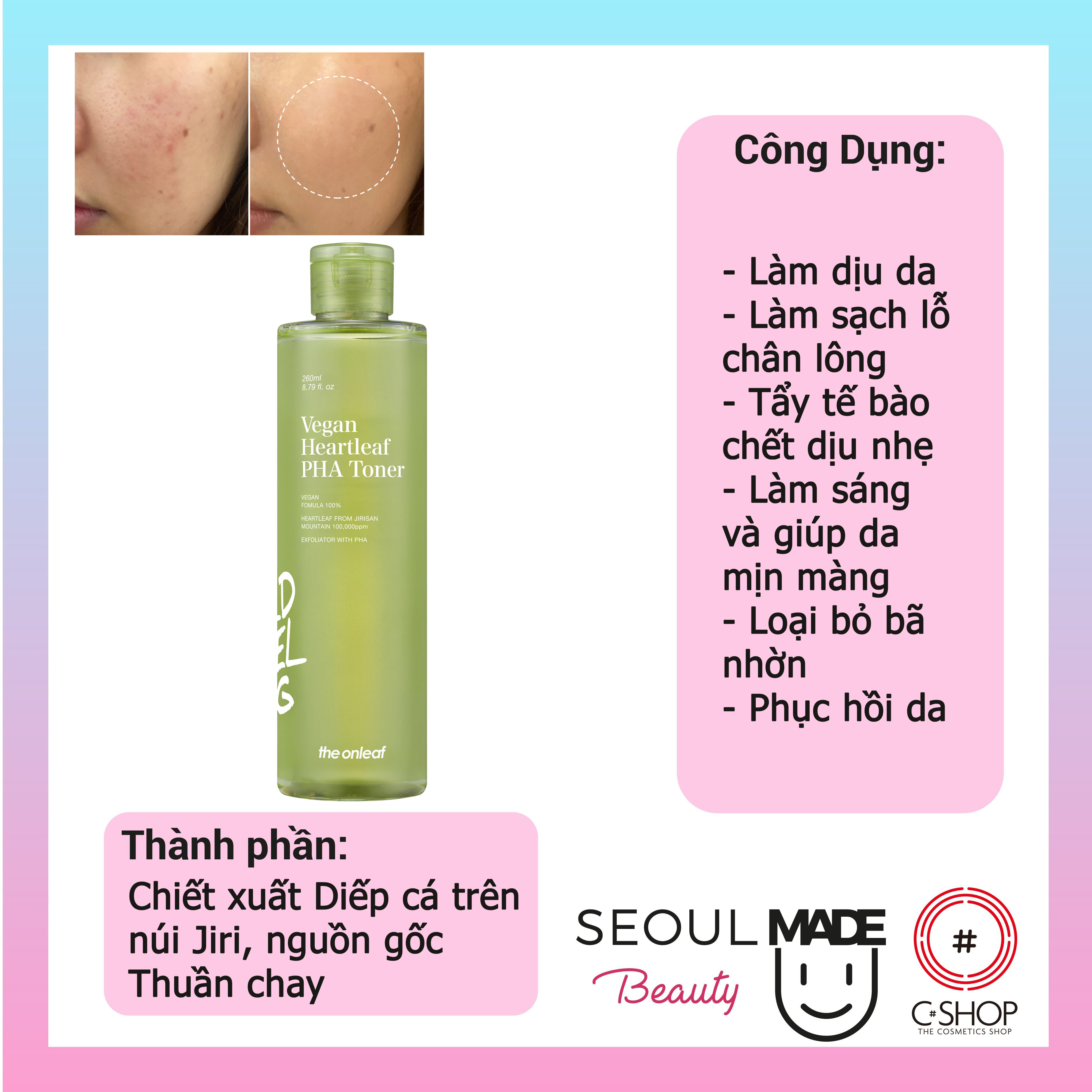 Toner làm dịu da và làm sạch lỗ chân lông The Onleaf Vegan Heartleaf PHA Toner 260ml