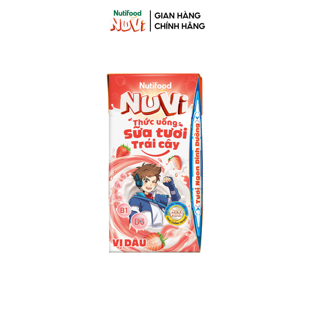 Thùng 48 hộp Thức Uống Sữa Tươi Trái Cây Tươi Nuvi Vị Dâu 110ml - Tăng Cường Chiều Cao, Phát Triển Trí Não